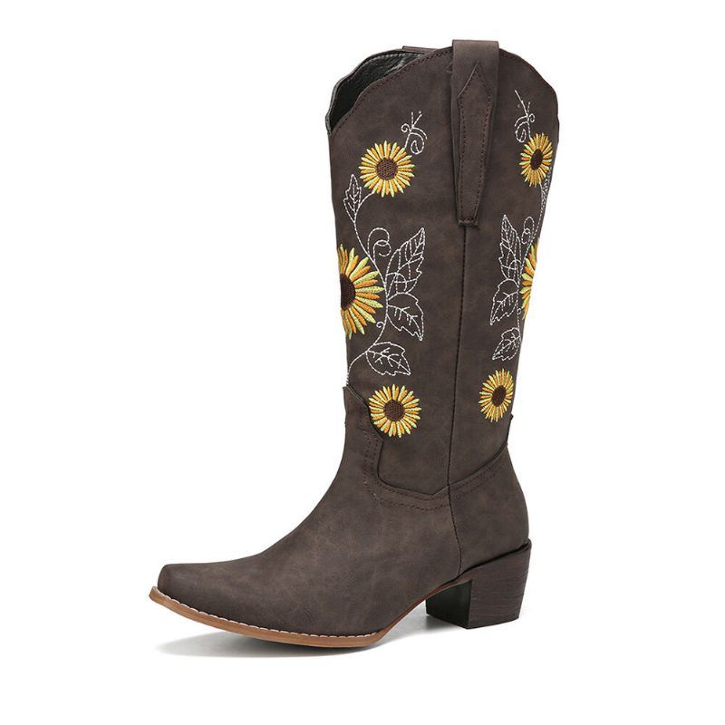 Plus Size Damen Retro Sonnenblume Bestickt Blockabsatz Mittelhohe Cowboystiefel