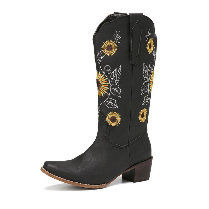 Plus Size Damen Retro Sonnenblume Bestickt Blockabsatz Mittelhohe Cowboystiefel