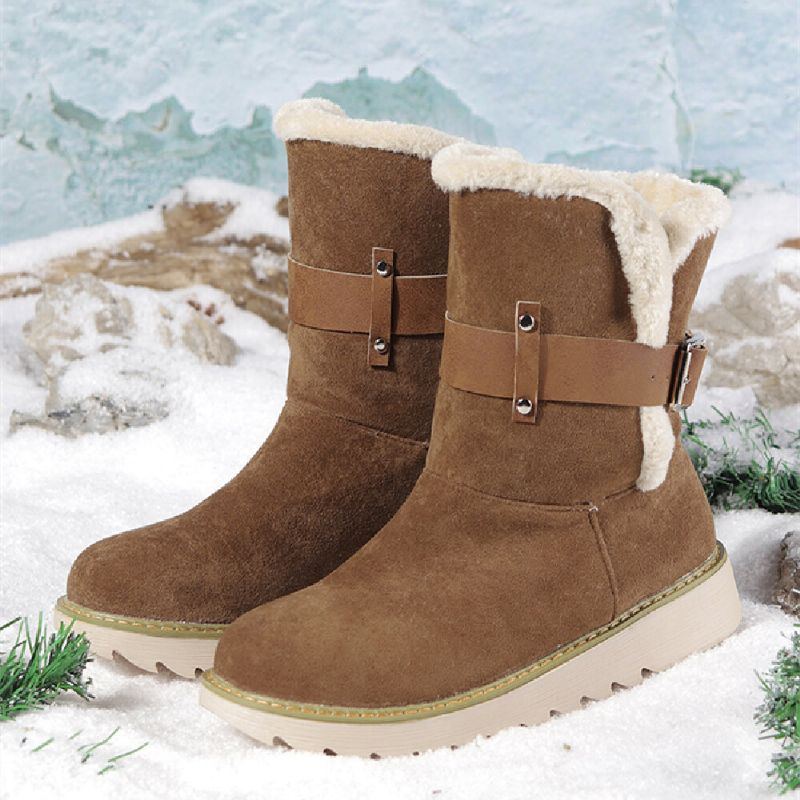 Plus Size Damen Wildleder Stoff Gürtelschnalle Rutschfeste Kurze Schneestiefel