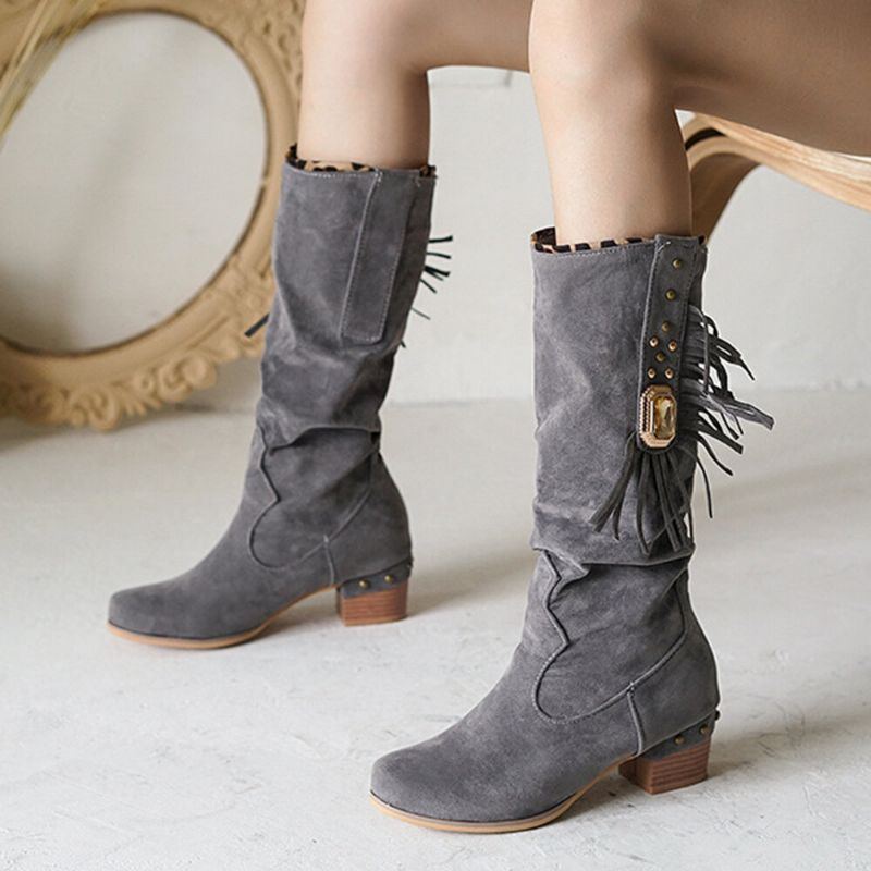 Plus Size Damen Wildleder Tassel Chunky Heel Mid Wadenstiefel