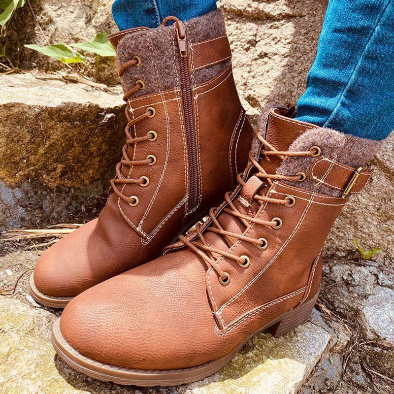 Plus Size Women Casual Splicing Lace Up Side Zipper Combat Boots