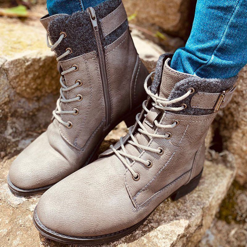 Plus Size Women Casual Splicing Lace Up Side Zipper Combat Boots