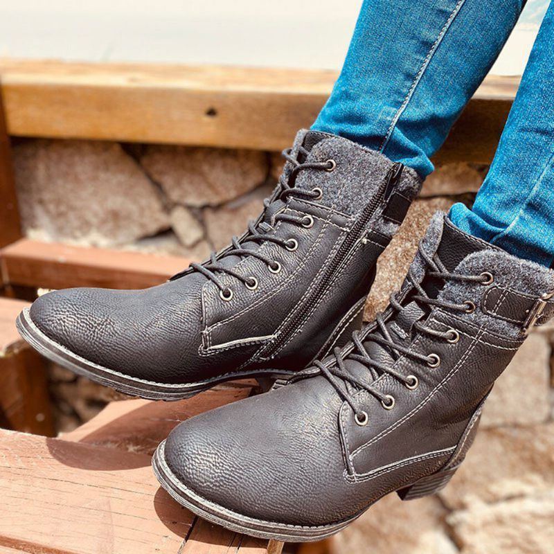 Plus Size Women Casual Splicing Lace Up Side Zipper Combat Boots