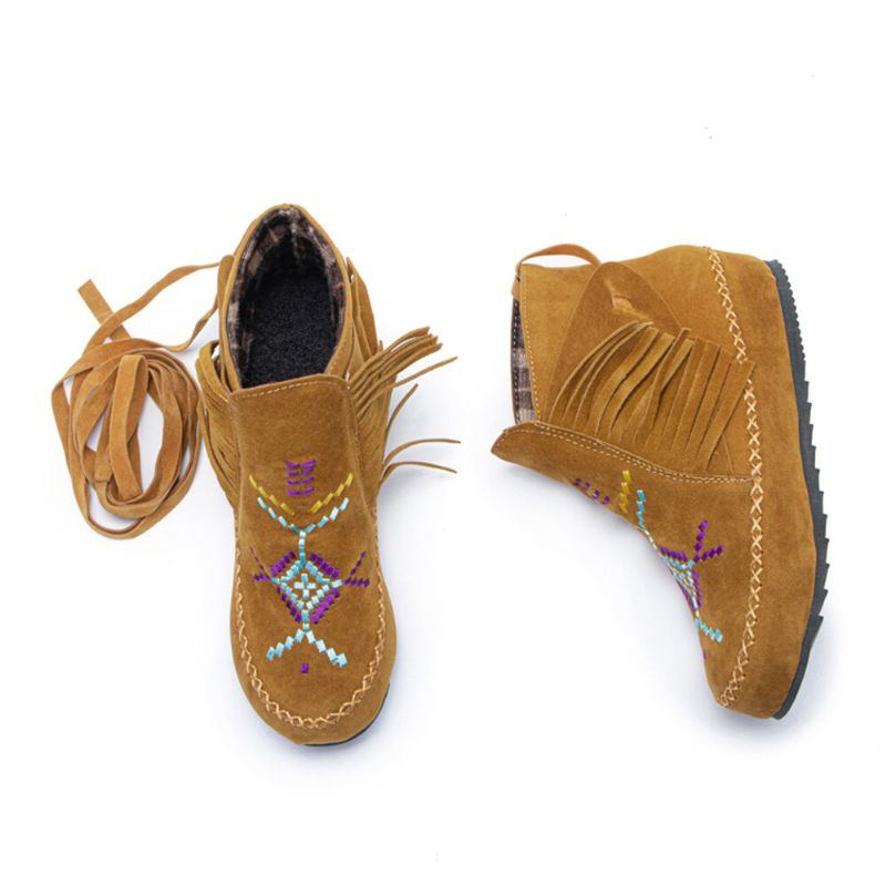 Plus Size Women Ethnic Embroidered Suede Quaste Straps Ankle Boots