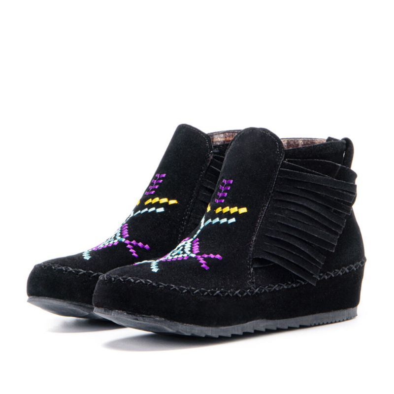 Plus Size Women Ethnic Embroidered Suede Quaste Straps Ankle Boots