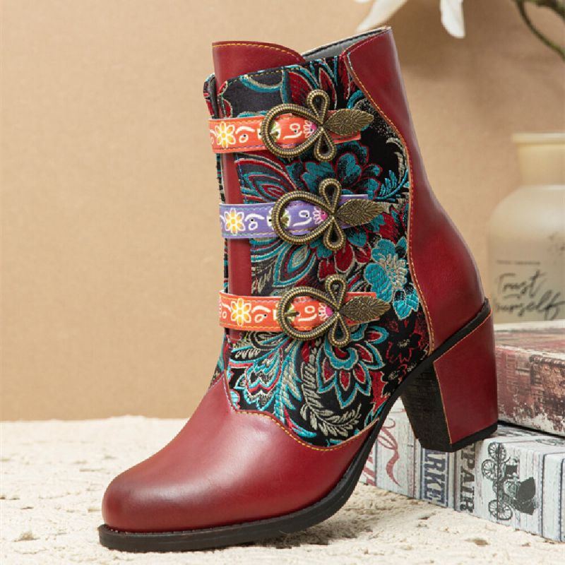 Retro Blumen Stoffnähte Für Damen Mit Metallschnalle Dekor Warm Gefüttert Tragbar Mit Klobigem Absatz Kurze Stiefel