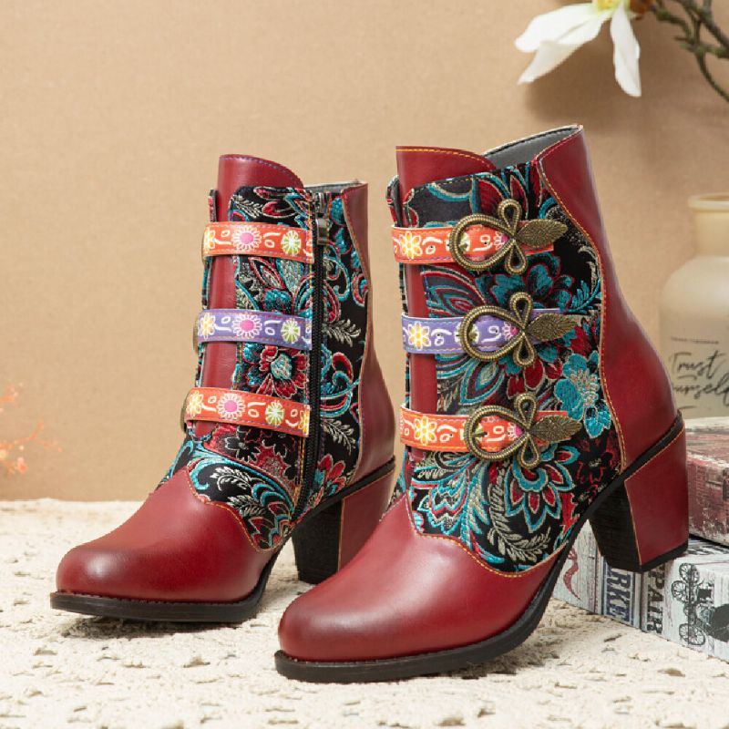 Retro Blumen Stoffnähte Für Damen Mit Metallschnalle Dekor Warm Gefüttert Tragbar Mit Klobigem Absatz Kurze Stiefel