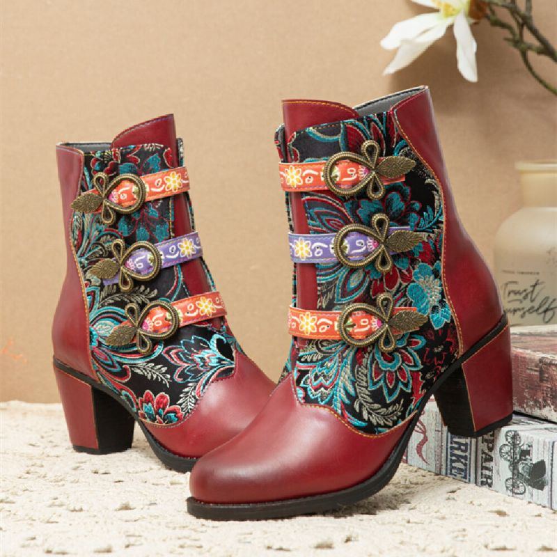 Retro Blumen Stoffnähte Für Damen Mit Metallschnalle Dekor Warm Gefüttert Tragbar Mit Klobigem Absatz Kurze Stiefel