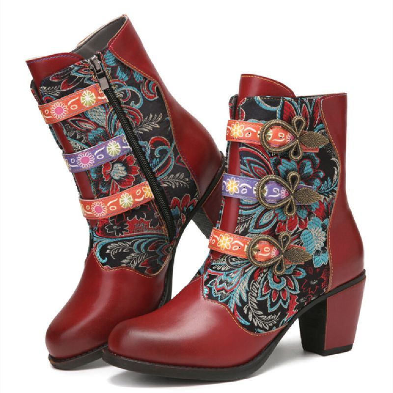 Retro Blumen Stoffnähte Für Damen Mit Metallschnalle Dekor Warm Gefüttert Tragbar Mit Klobigem Absatz Kurze Stiefel