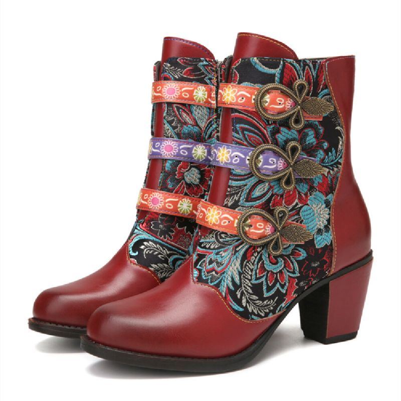 Retro Blumen Stoffnähte Für Damen Mit Metallschnalle Dekor Warm Gefüttert Tragbar Mit Klobigem Absatz Kurze Stiefel