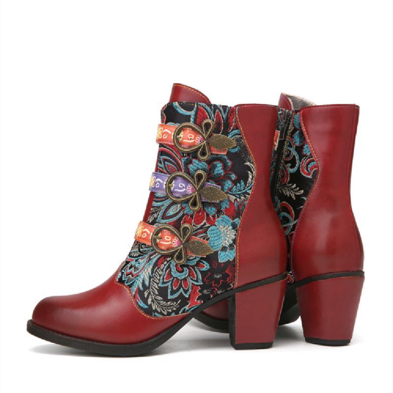 Retro Blumen Stoffnähte Für Damen Mit Metallschnalle Dekor Warm Gefüttert Tragbar Mit Klobigem Absatz Kurze Stiefel