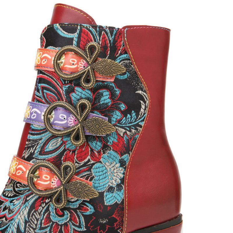 Retro Blumen Stoffnähte Für Damen Mit Metallschnalle Dekor Warm Gefüttert Tragbar Mit Klobigem Absatz Kurze Stiefel