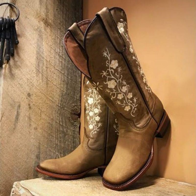 Retro Flowers Square Toe Slip On Cowboystiefel Mit Blockabsatz In Der Mitte Der Wade Für Damen