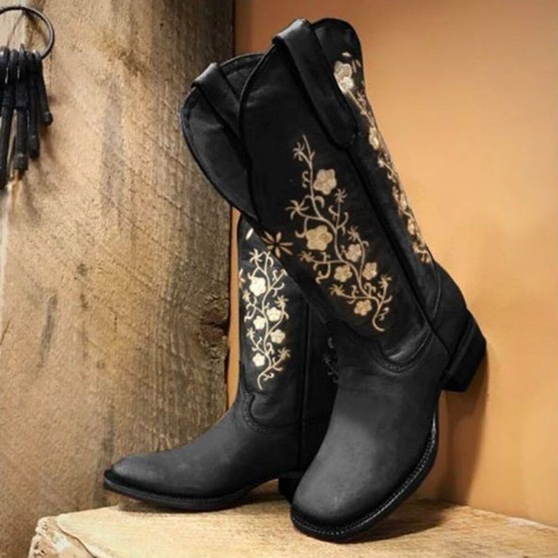 Retro Flowers Square Toe Slip On Cowboystiefel Mit Blockabsatz In Der Mitte Der Wade Für Damen