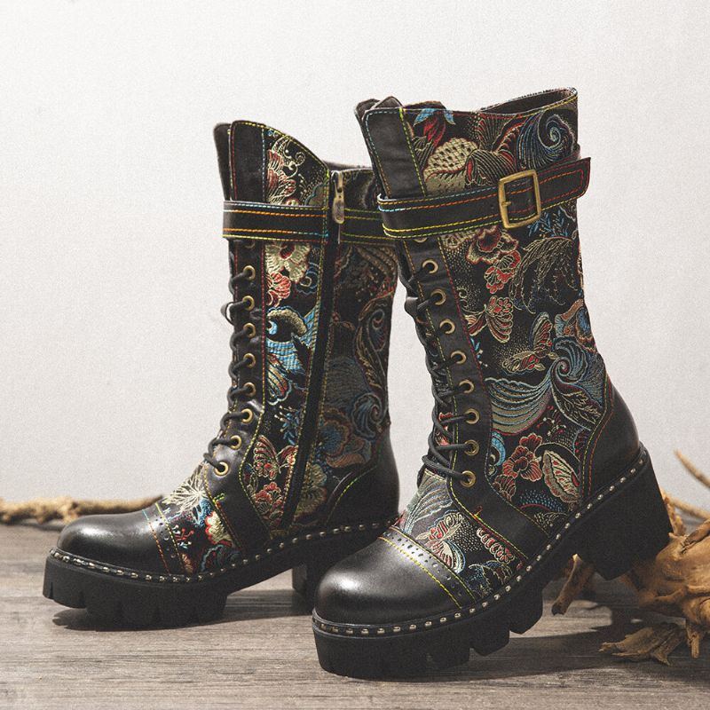 Retro Schnallenriemen Dekor Blumen Stoff Leder Spleißen Der Damen Bequemer Tragbarer Mode Halbwaden Stiefel Der Damen