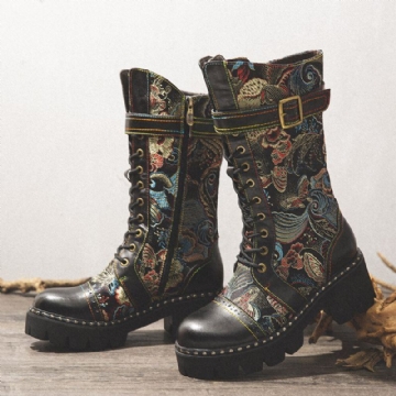 Retro Schnallenriemen Dekor Blumen Stoff Leder Spleißen Der Damen Bequemer Tragbarer Mode Halbwaden Stiefel Der Damen