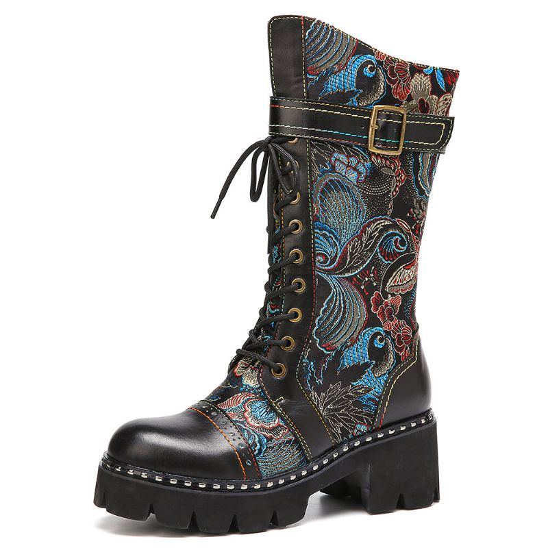 Retro Schnallenriemen Dekor Blumen Stoff Leder Spleißen Der Damen Bequemer Tragbarer Mode Halbwaden Stiefel Der Damen