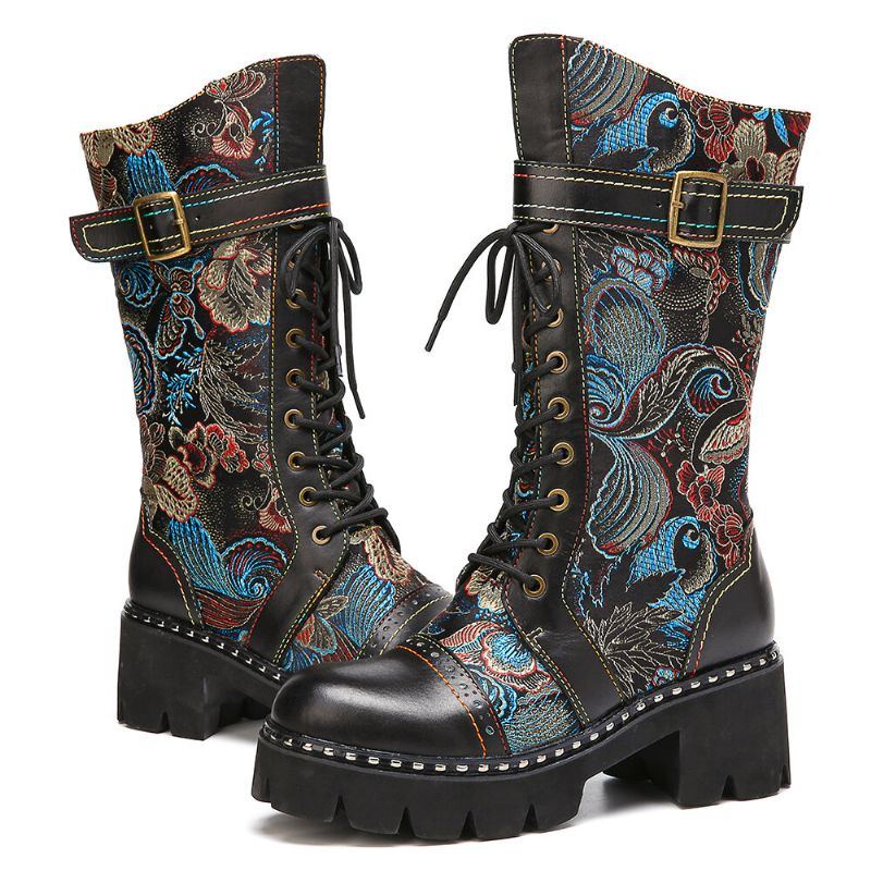 Retro Schnallenriemen Dekor Blumen Stoff Leder Spleißen Der Damen Bequemer Tragbarer Mode Halbwaden Stiefel Der Damen