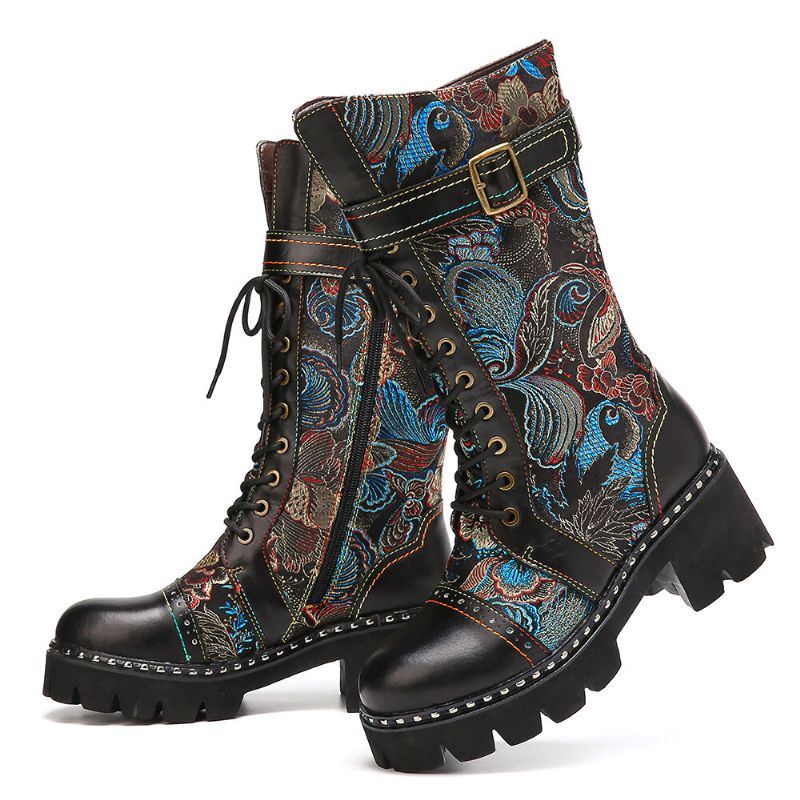 Retro Schnallenriemen Dekor Blumen Stoff Leder Spleißen Der Damen Bequemer Tragbarer Mode Halbwaden Stiefel Der Damen