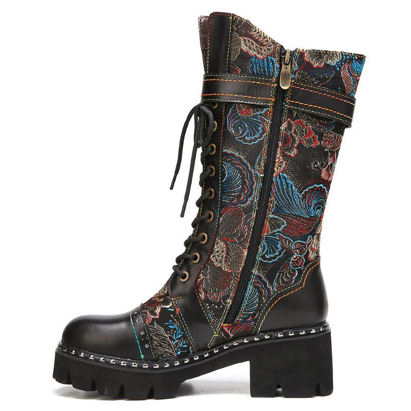 Retro Schnallenriemen Dekor Blumen Stoff Leder Spleißen Der Damen Bequemer Tragbarer Mode Halbwaden Stiefel Der Damen