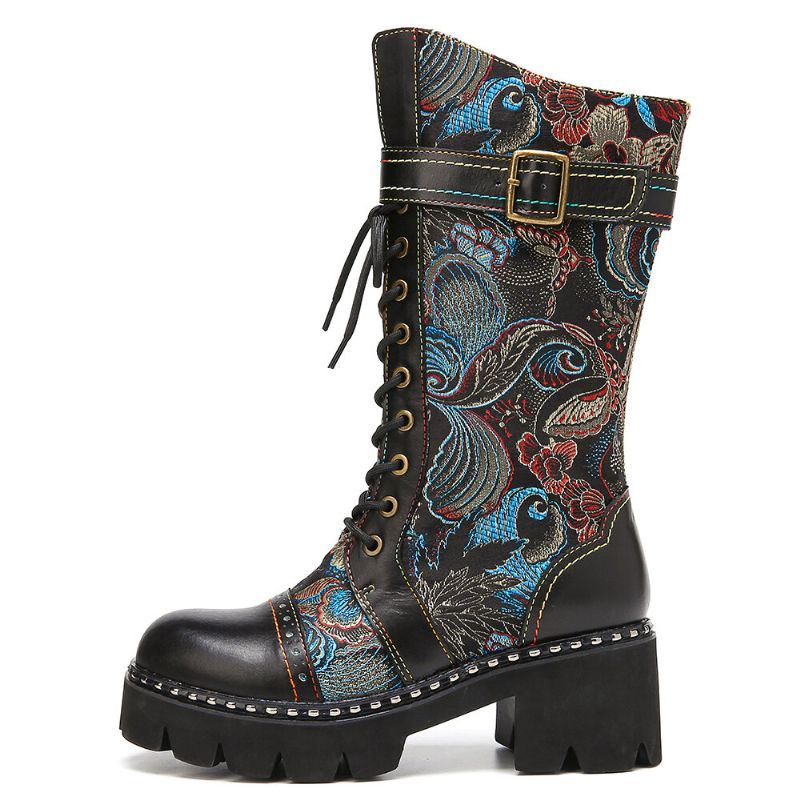 Retro Schnallenriemen Dekor Blumen Stoff Leder Spleißen Der Damen Bequemer Tragbarer Mode Halbwaden Stiefel Der Damen