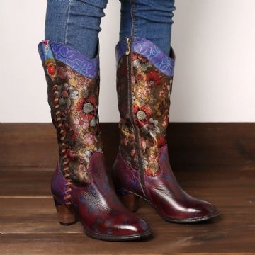 Retro Sonnenblumen Damen Retro Sonnenblume Handgefertigt Aus Echtem Leder Naht Wadenmitte Westernstiefel