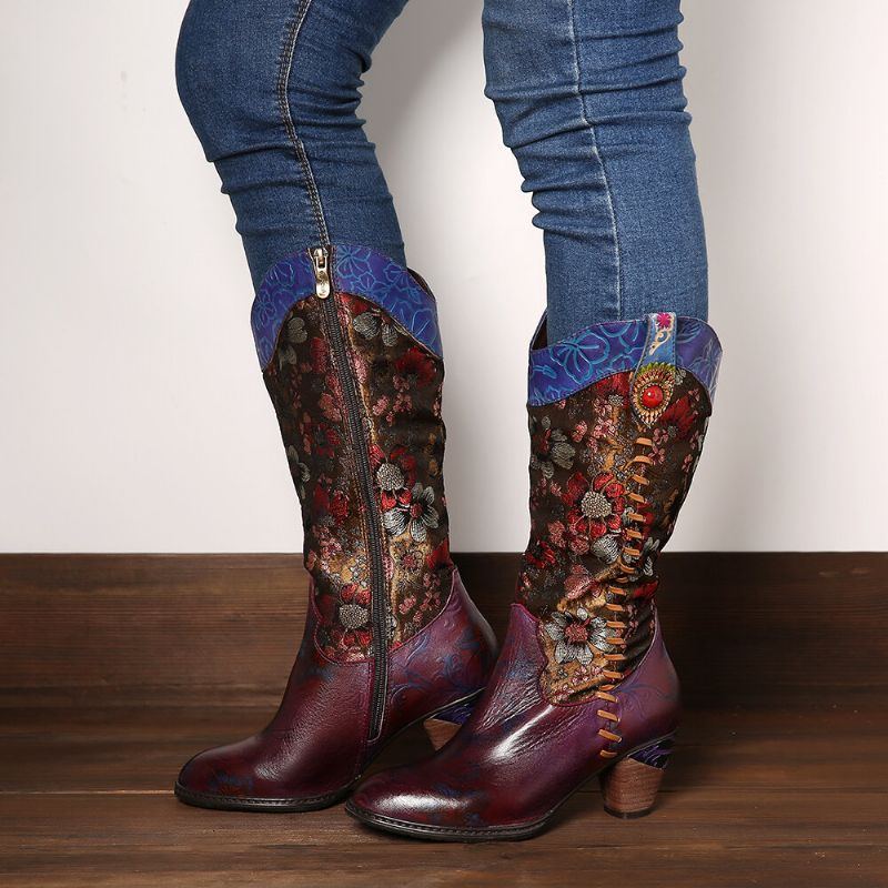 Retro Sonnenblumen Damen Retro Sonnenblume Handgefertigt Aus Echtem Leder Naht Wadenmitte Westernstiefel