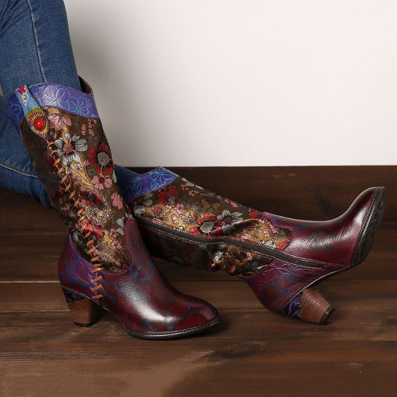 Retro Sonnenblumen Damen Retro Sonnenblume Handgefertigt Aus Echtem Leder Naht Wadenmitte Westernstiefel