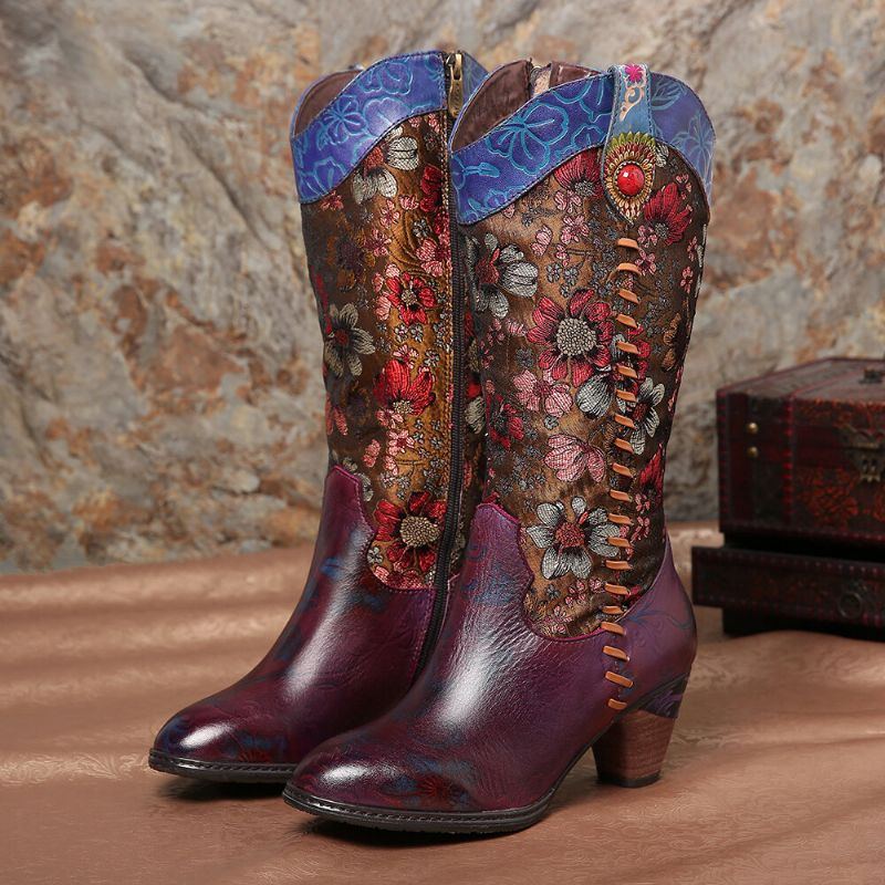 Retro Sonnenblumen Damen Retro Sonnenblume Handgefertigt Aus Echtem Leder Naht Wadenmitte Westernstiefel