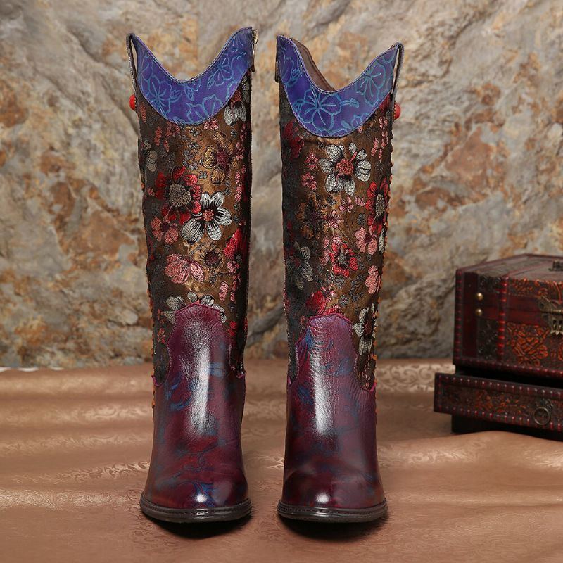 Retro Sonnenblumen Damen Retro Sonnenblume Handgefertigt Aus Echtem Leder Naht Wadenmitte Westernstiefel