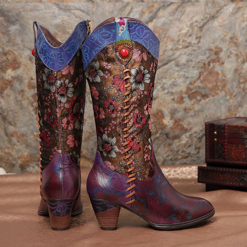 Retro Sonnenblumen Damen Retro Sonnenblume Handgefertigt Aus Echtem Leder Naht Wadenmitte Westernstiefel