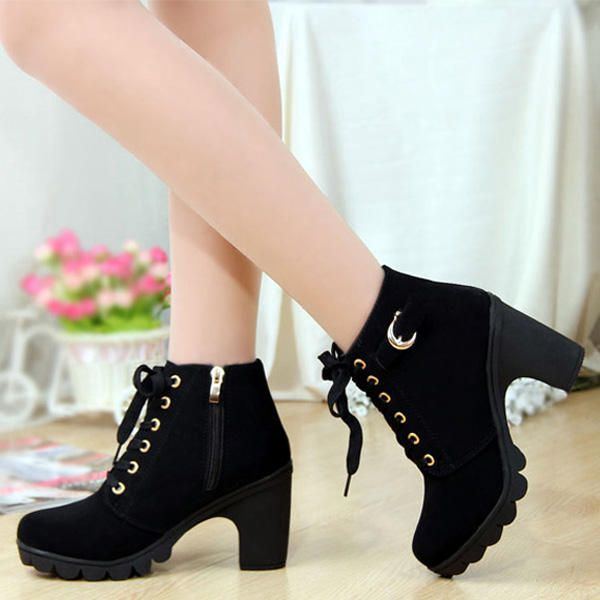 Round Toe Thick High Heel Lace Up Side Zipper Damenstiefel