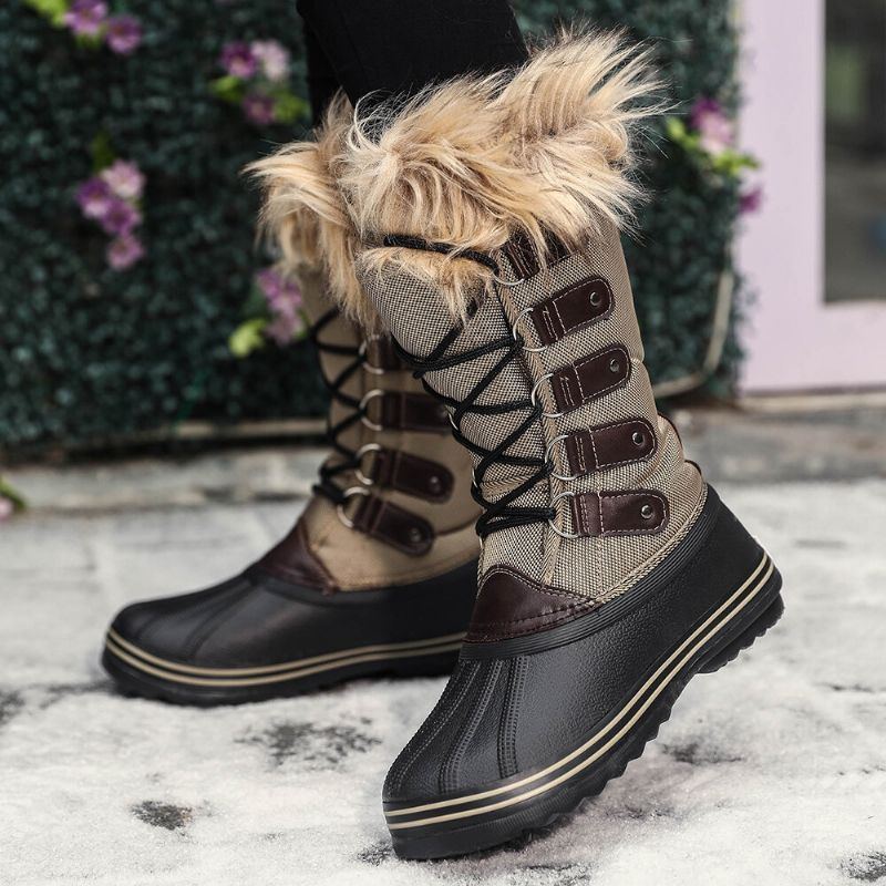 Solide Pelzige Rutschfeste Mittelhohe Schneestiefel Für Damen Mit Kreuzriemen