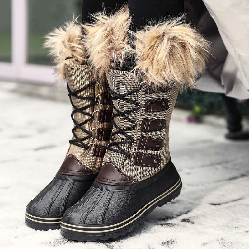 Solide Pelzige Rutschfeste Mittelhohe Schneestiefel Für Damen Mit Kreuzriemen