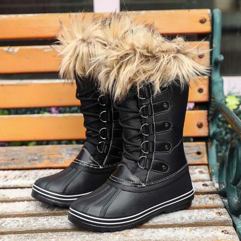 Solide Pelzige Rutschfeste Mittelhohe Schneestiefel Für Damen Mit Kreuzriemen