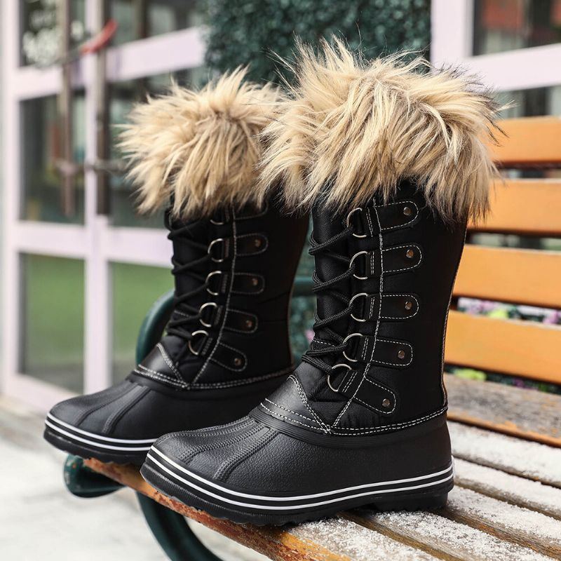 Solide Pelzige Rutschfeste Mittelhohe Schneestiefel Für Damen Mit Kreuzriemen