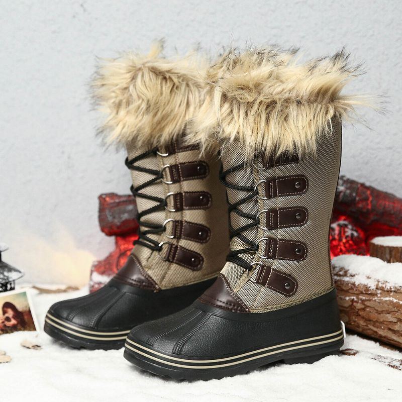 Solide Pelzige Rutschfeste Mittelhohe Schneestiefel Für Damen Mit Kreuzriemen