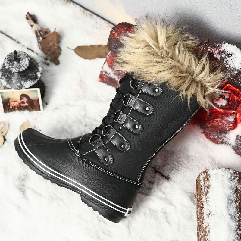 Solide Pelzige Rutschfeste Mittelhohe Schneestiefel Für Damen Mit Kreuzriemen