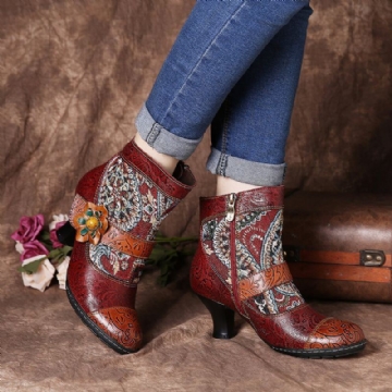 Stylische Damen Stiefeletten Mit Tribal Muster Blumendeko Warm Gefüttert Mit Klettverschluss Und Reißverschluss