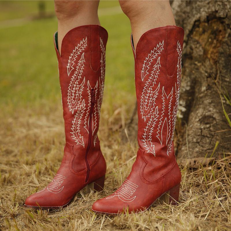 Übergrößen Damen Retro Roter Spitzer Zeh Bestickte Blockabsatz Reißverschluss Cowboystiefel