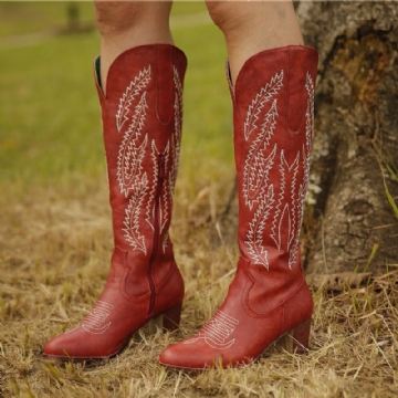 Übergrößen Damen Retro Roter Spitzer Zeh Bestickte Blockabsatz Reißverschluss Cowboystiefel