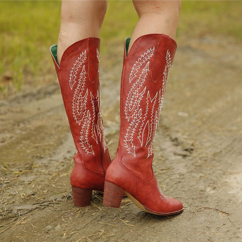 Übergrößen Damen Retro Roter Spitzer Zeh Bestickte Blockabsatz Reißverschluss Cowboystiefel