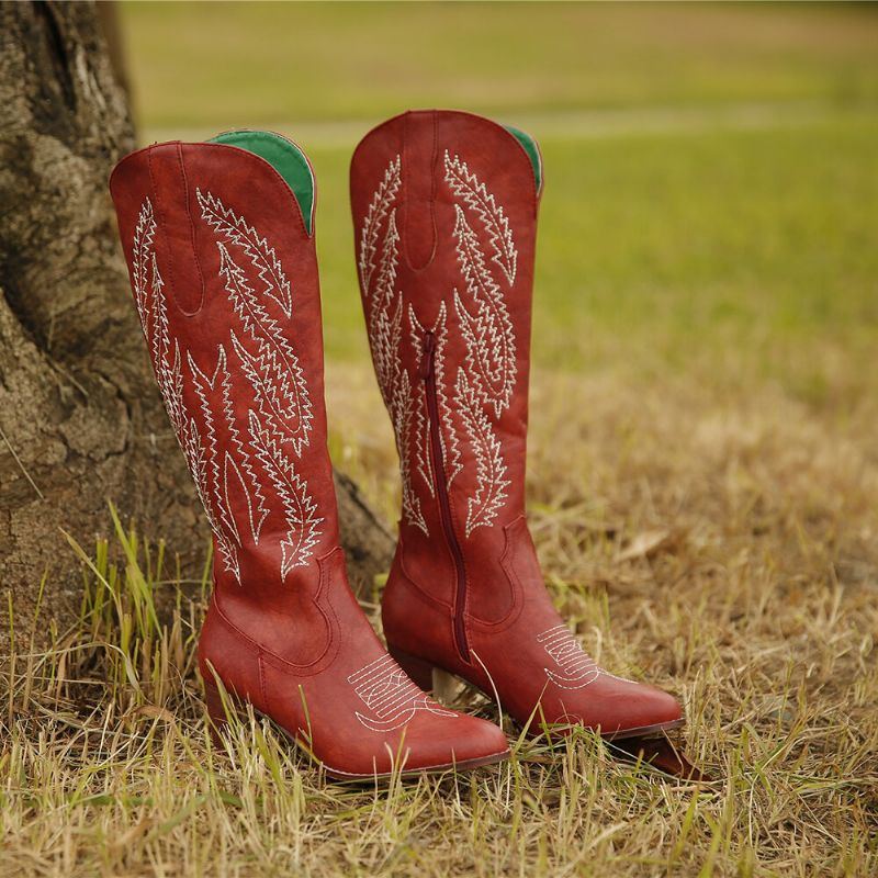 Übergrößen Damen Retro Roter Spitzer Zeh Bestickte Blockabsatz Reißverschluss Cowboystiefel