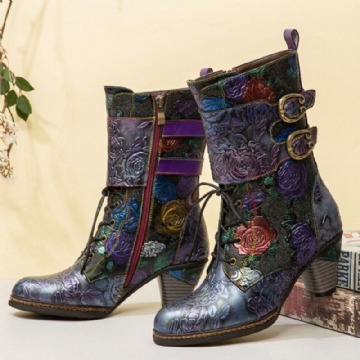 Vintage Blumengeprägte Damenstiefel Aus Echtem Leder Mit Warmem Futter Und Lässigem Blockabsatz