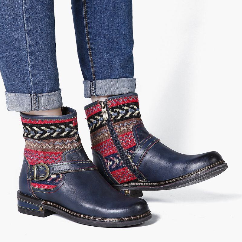 Warm Gefütterte Winterstiefel Für Damen Geometrisches Muster Verstellbarer Reißverschluss Blockabsatz Stiefeletten