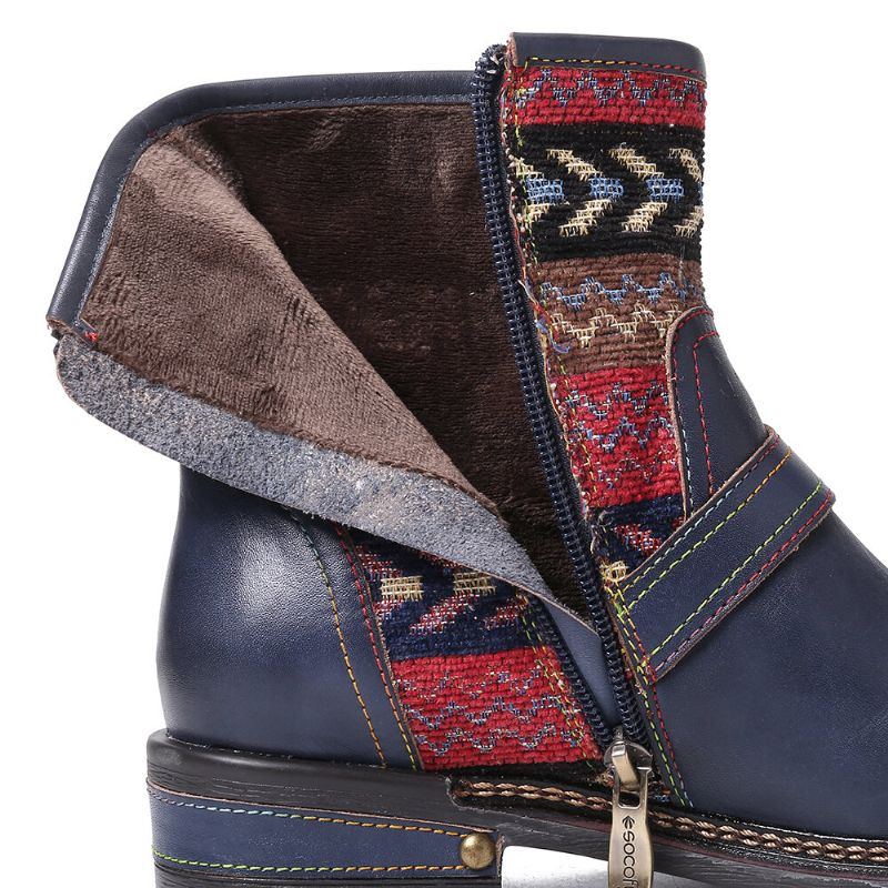 Warm Gefütterte Winterstiefel Für Damen Geometrisches Muster Verstellbarer Reißverschluss Blockabsatz Stiefeletten