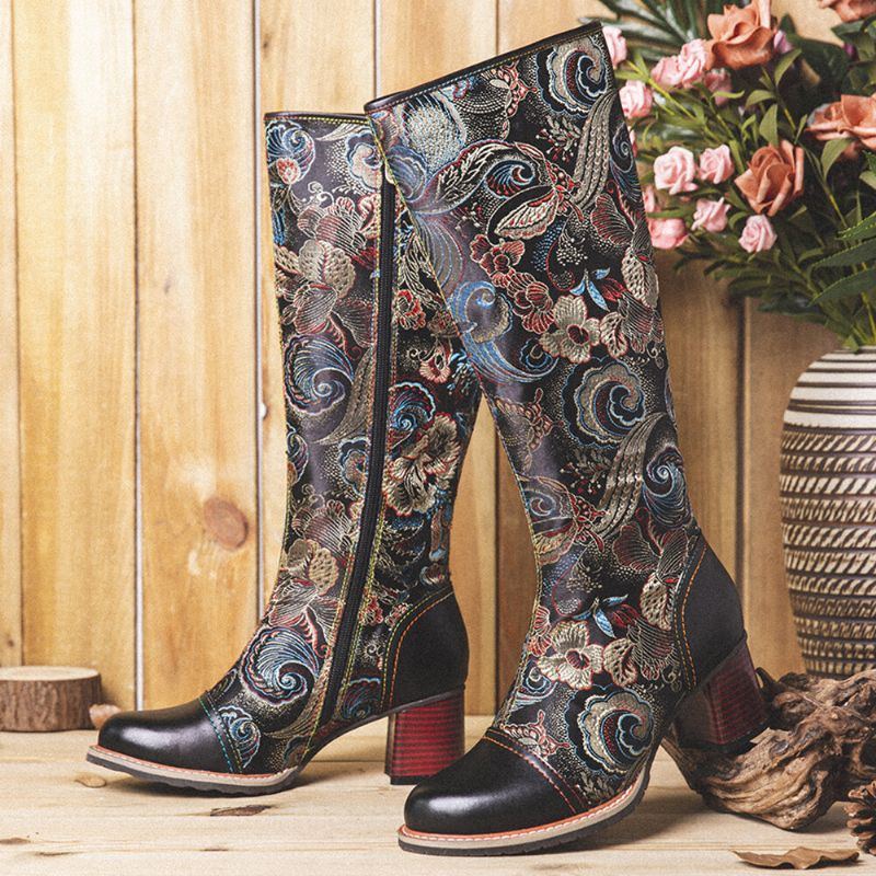 Warme Rutschfeste Casaul Halbwadenstiefel Aus Rindsleder Mit Blumenmuster Für Damen