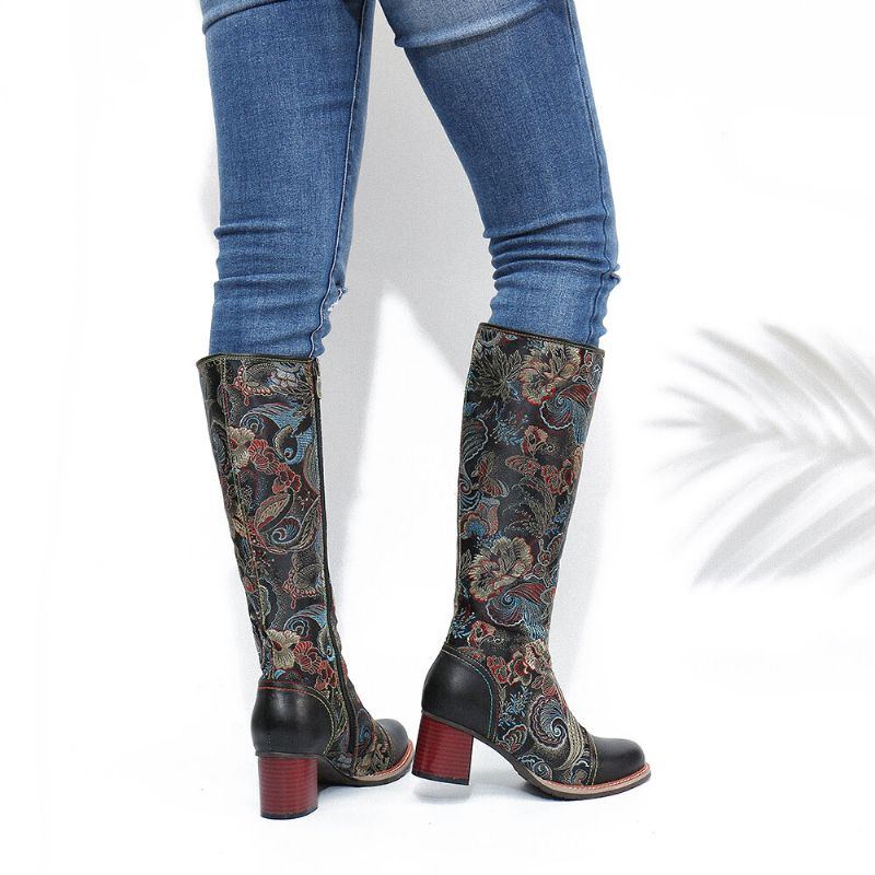 Warme Rutschfeste Casaul Halbwadenstiefel Aus Rindsleder Mit Blumenmuster Für Damen