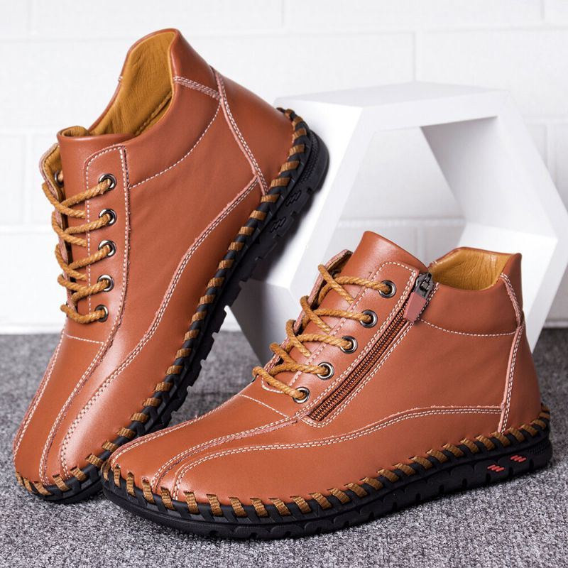 Weiche Business Casual Stiefel Aus Leder Mit Runder Zehenpartie Und Handnähten Für Herren