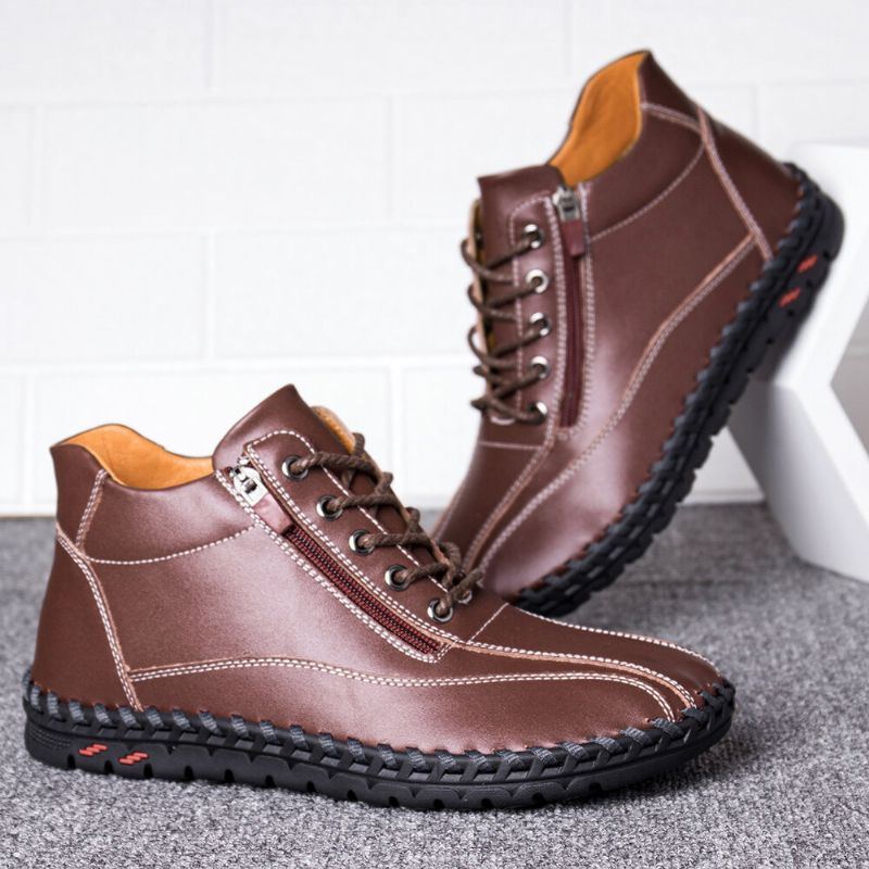 Weiche Business Casual Stiefel Aus Leder Mit Runder Zehenpartie Und Handnähten Für Herren